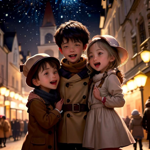 three children are standing in a street with fireworks in the sky above them and a city street with people walking on the sidewalk