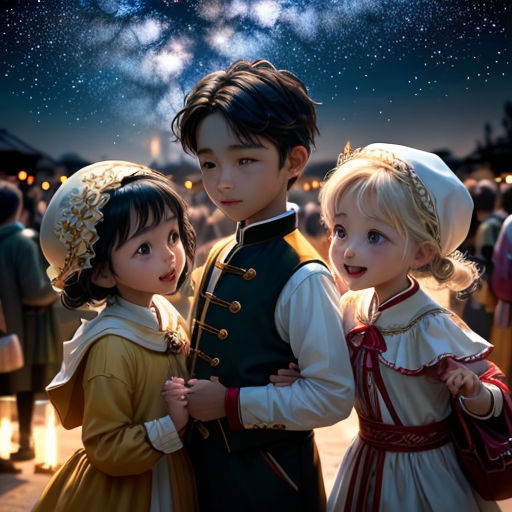 three children dressed in renaissance clothing standing in front of a night sky with stars in the sky above them