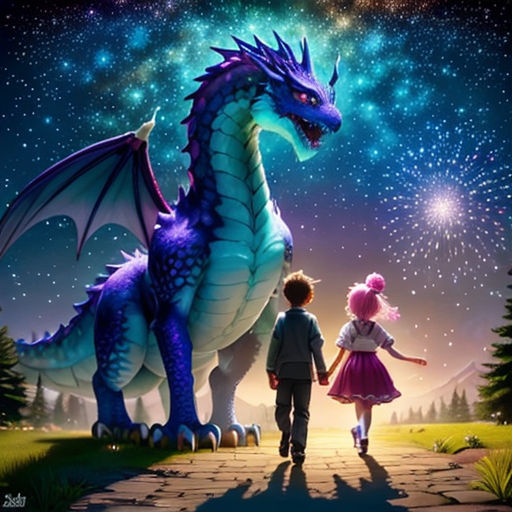 a boy and a girl are walking towards a dragon in the sky with fireworks in the background, and a night sky with stars