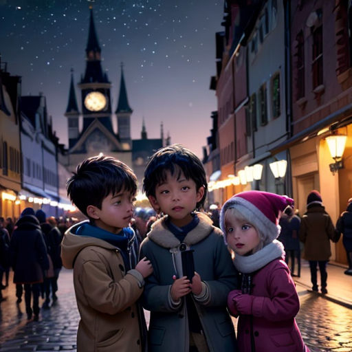 three children standing on a street corner in the rain at night with a clock tower in the background and a crowd of people walking around