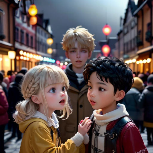 a couple of kids standing next to each other on a street corner with a crowd of people in the background