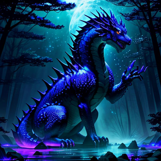 a blue dragon sitting on top of a rock in the forest at night with a full moon in the background
