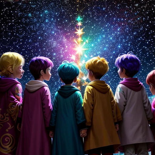 a group of children looking at a christmas tree in the sky with stars in the background and a star - filled sky