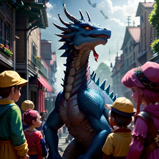 a dragon statue is standing in the middle of a street with people looking on from the side of the street