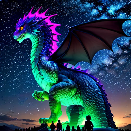 a large dragon statue sitting on top of a field under a night sky filled with stars and clouds with people standing around
