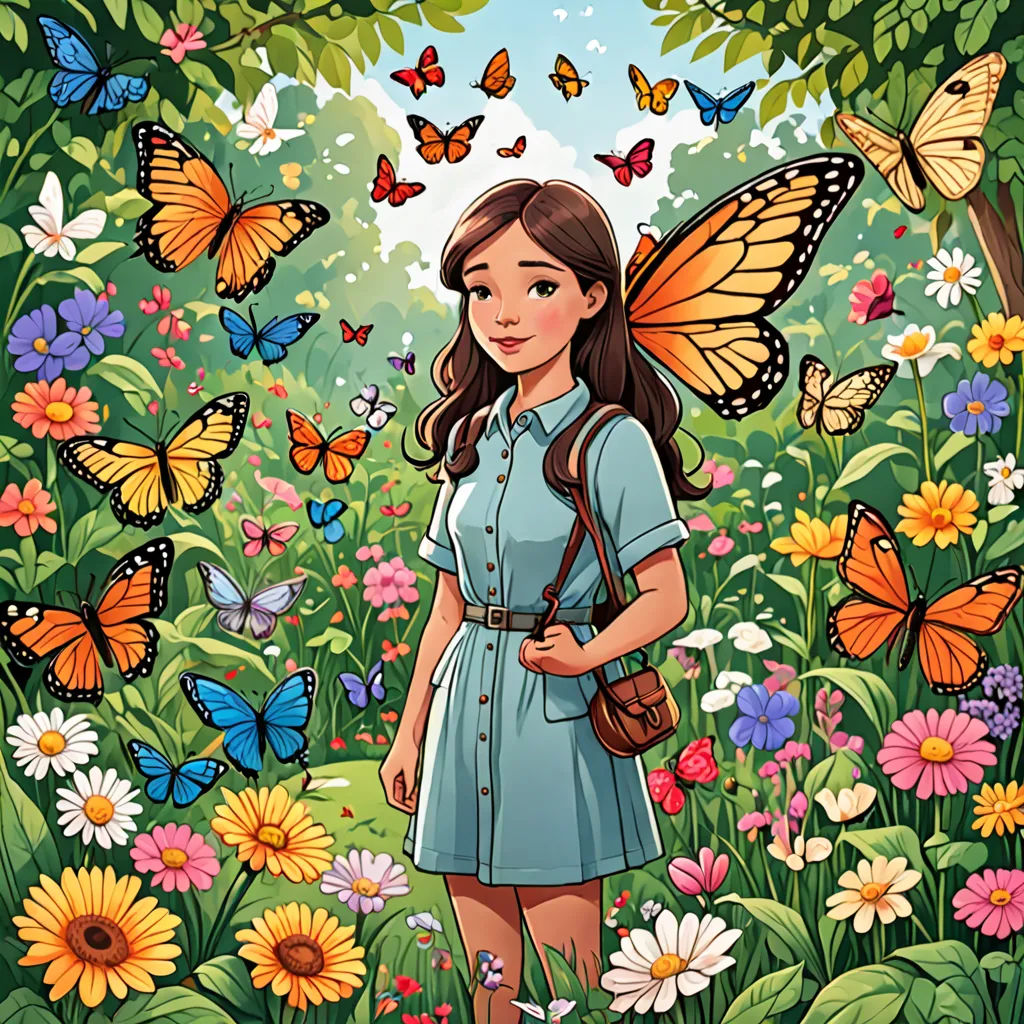 a girl in a field of flowers with butterflies around her and a butterfly in the background with a butterfly in her hand, comic cover art, a storybook illustration, magical realism, Elinor Proby Adams