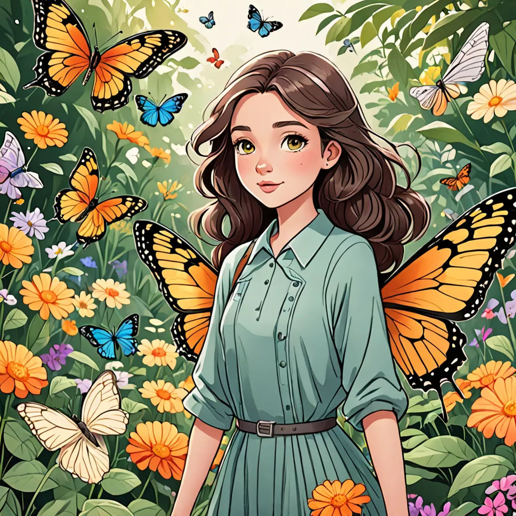 a girl in a blue dress standing in a field of flowers with butterflies around her and a butterfly in the background, beautiful detailed, a storybook illustration, fantasy art, Cliff Childs