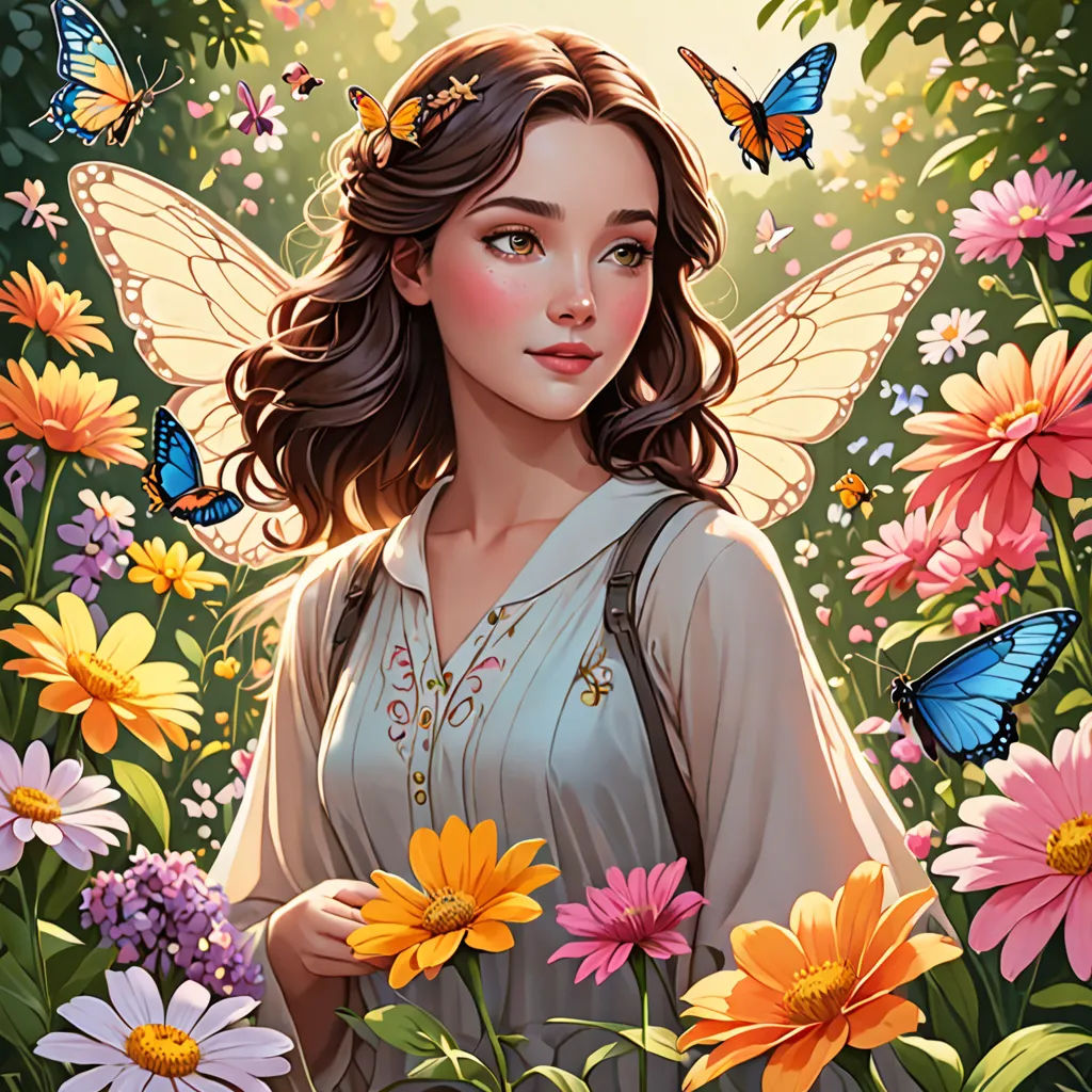 a woman with a butterfly on her head standing in a field of flowers with butterflies flying around her head, rossdraws global illumination, a detailed painting, fantasy art, Anne Stokes