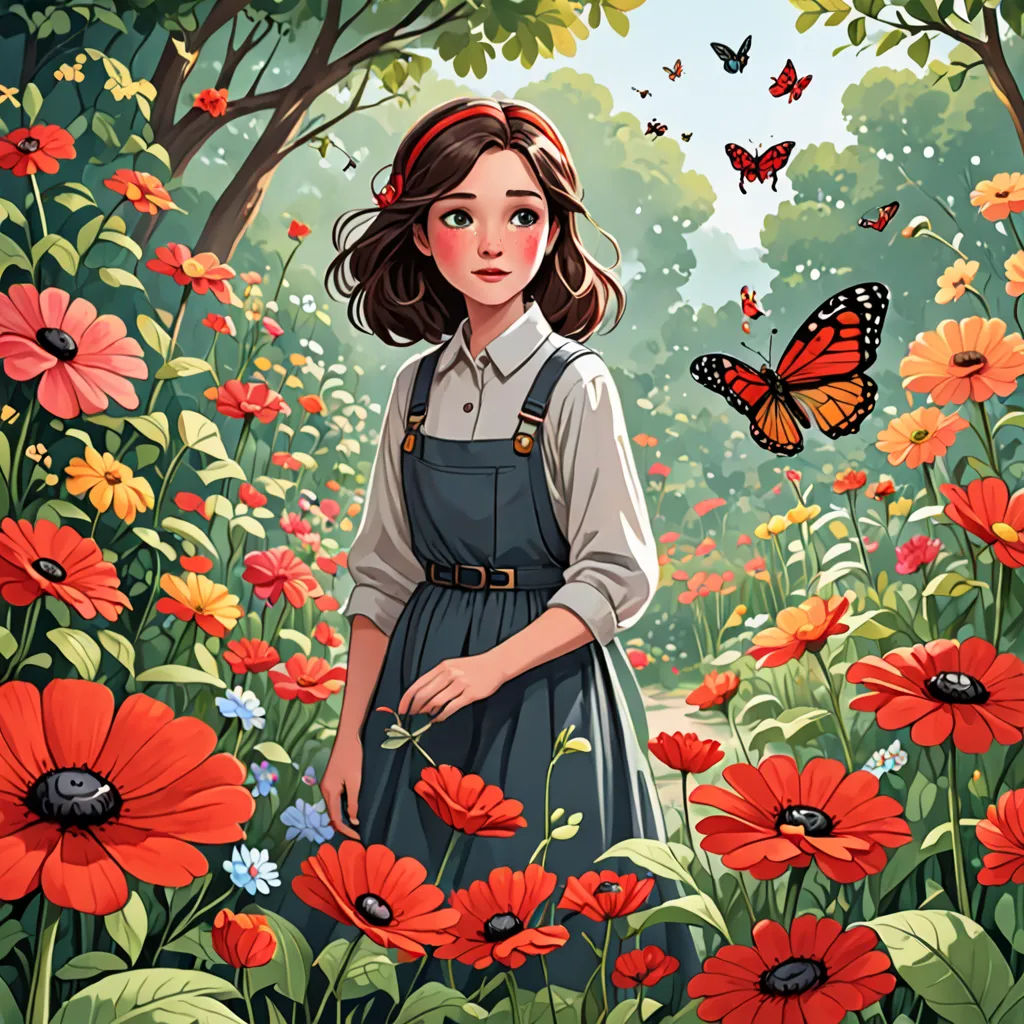 a painting of a girl in a field of flowers with a butterfly flying overhead over her head and a butterfly in her hand, rossdraws global illumination, a storybook illustration, fantasy art, Colin Middleton