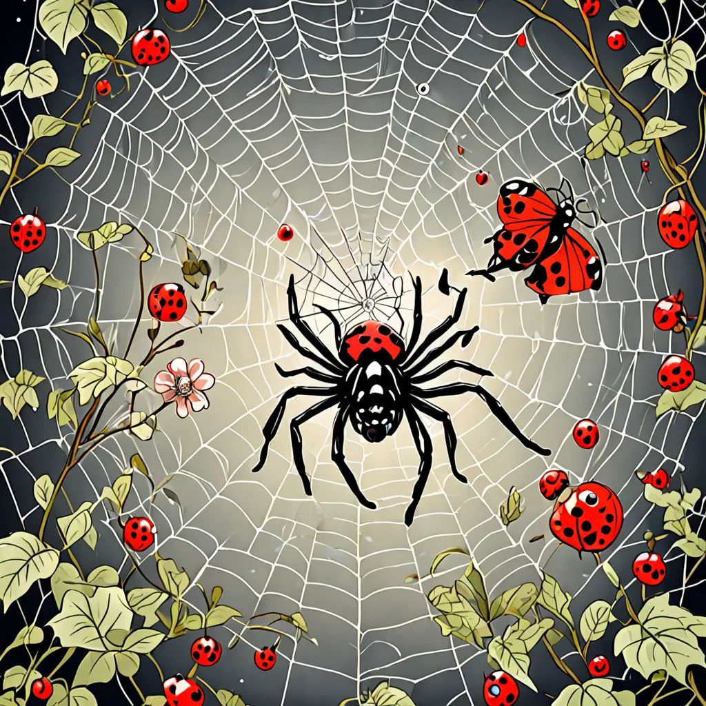 a spider and ladybugs on a web surrounded by leaves and flowers on a dark background with a white light, highly detailed digital art, a storybook illustration, gothic art, Annabel Kidston
