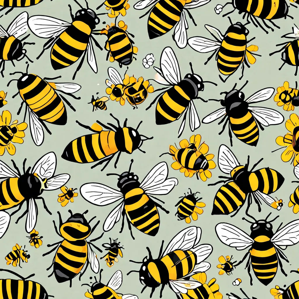 a bunch of bees that are on a blue background with yellow and black stripes on it, and some of them are flying, detailed illustration, a screenprint, maximalism, Annabel Kidston