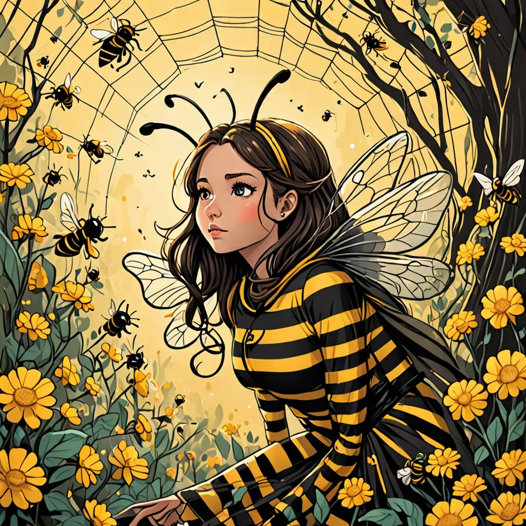 a painting of a girl dressed as a bee in a field of flowers with bees around her and a full moon in the background, detailed illustration, a storybook illustration, fantasy art, Anna Dittmann