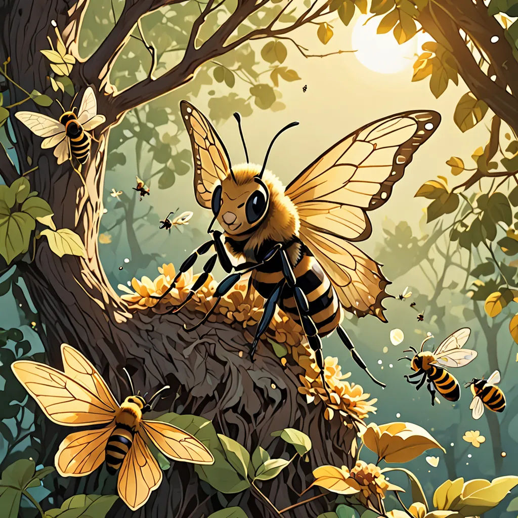 a painting of a bee on a tree branch with bees around it and a sun in the background with leaves, highly detailed digital painting, a storybook illustration, fantasy art, Dan Mumford