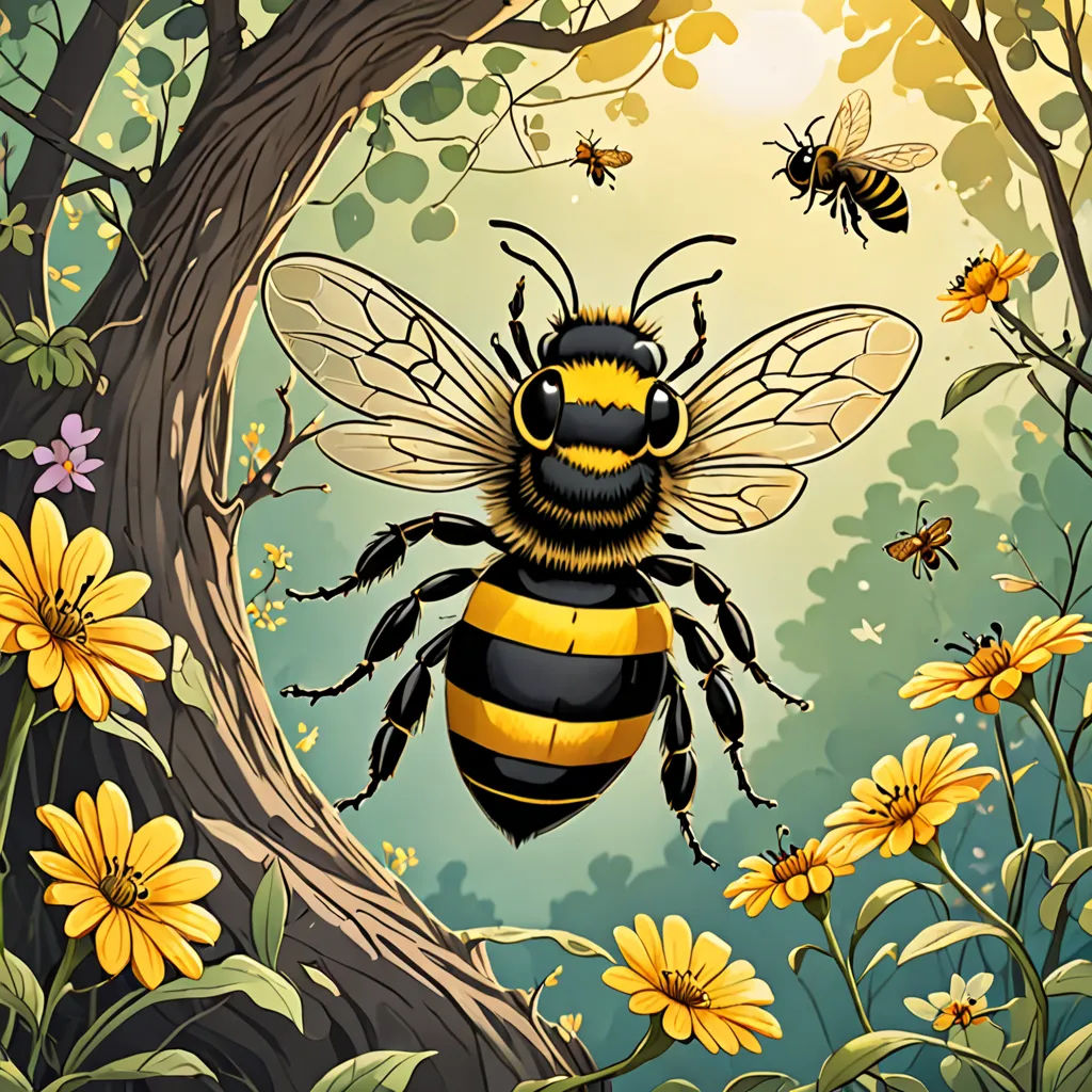 a painting of a bee in a tree surrounded by flowers and bees flying around it, with a full moon in the background, detailed illustration, a storybook illustration, ecological art, Dan Mumford