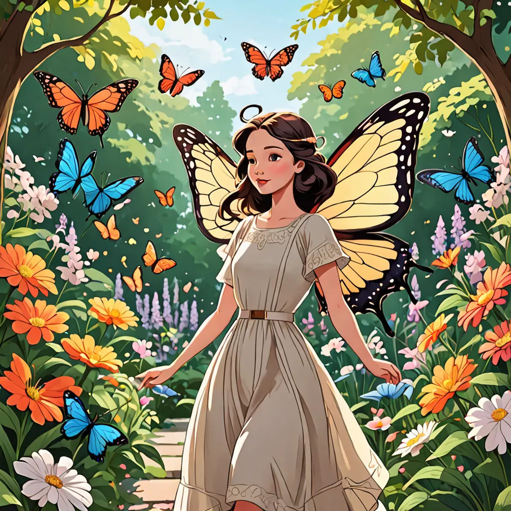 a woman in a dress with butterflies flying around her in a garden of flowers and trees with a path leading to a butterfly - shaped archway, rossdraws global illumination, a storybook illustration, fantasy art, Cliff Childs