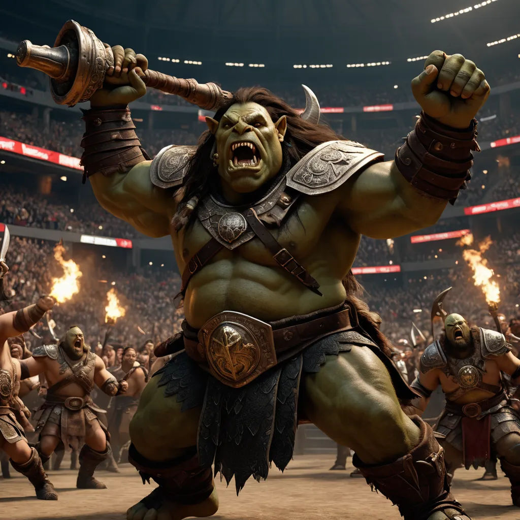 a group of people in a stadium with a giant demon in front of them and a man holding a sword, antipodeans, computer graphics, Alex Horley, weta digital