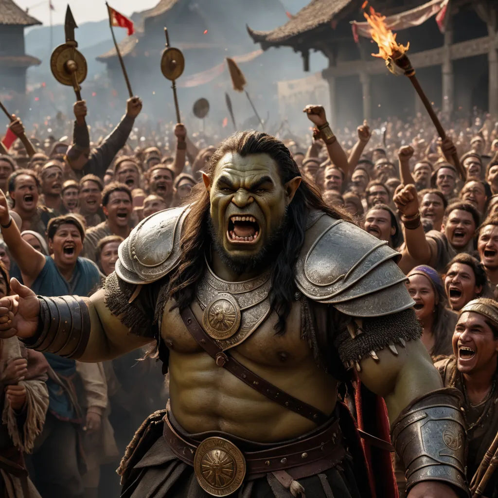 a man in a costume with a sword and a lot of people behind him, all with torches and torches, antipodeans, a detailed matte painting, Clint Cearley, weta digital