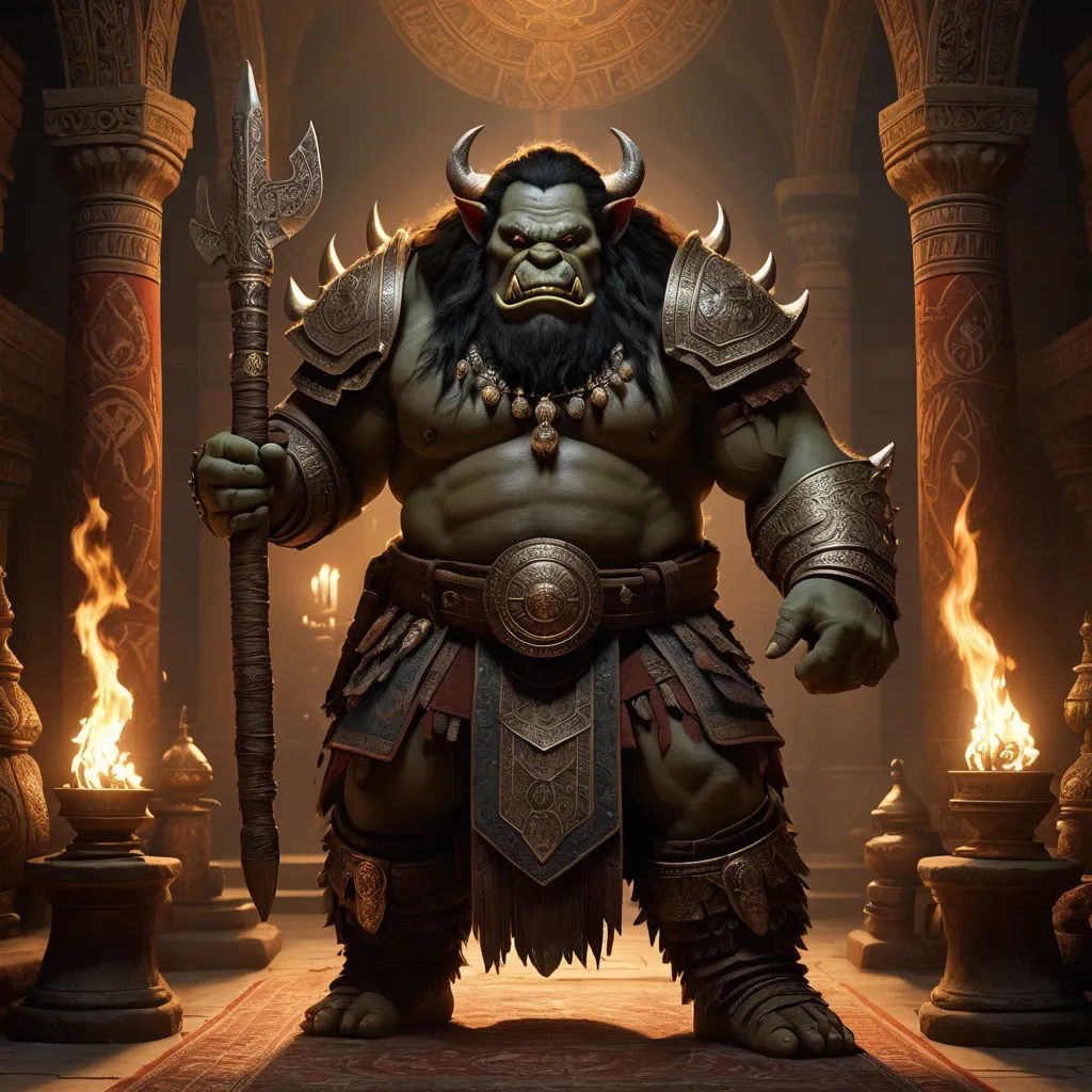 a cartoon character with a horned face and a horned head holding a staff in a dark room with flames, fantasy art, an ambient occlusion render, Alex Horley-Orlandelli, magic the gathering artwork