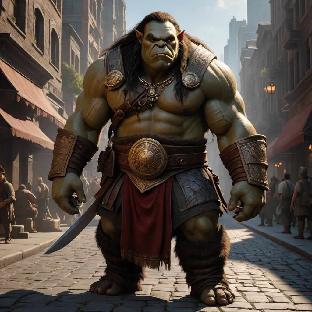 a man in a costume standing on a street with a sword in his hand and a giant gorilla in the background, photorealism, an ambient occlusion render, Clint Cearley, weta digital
