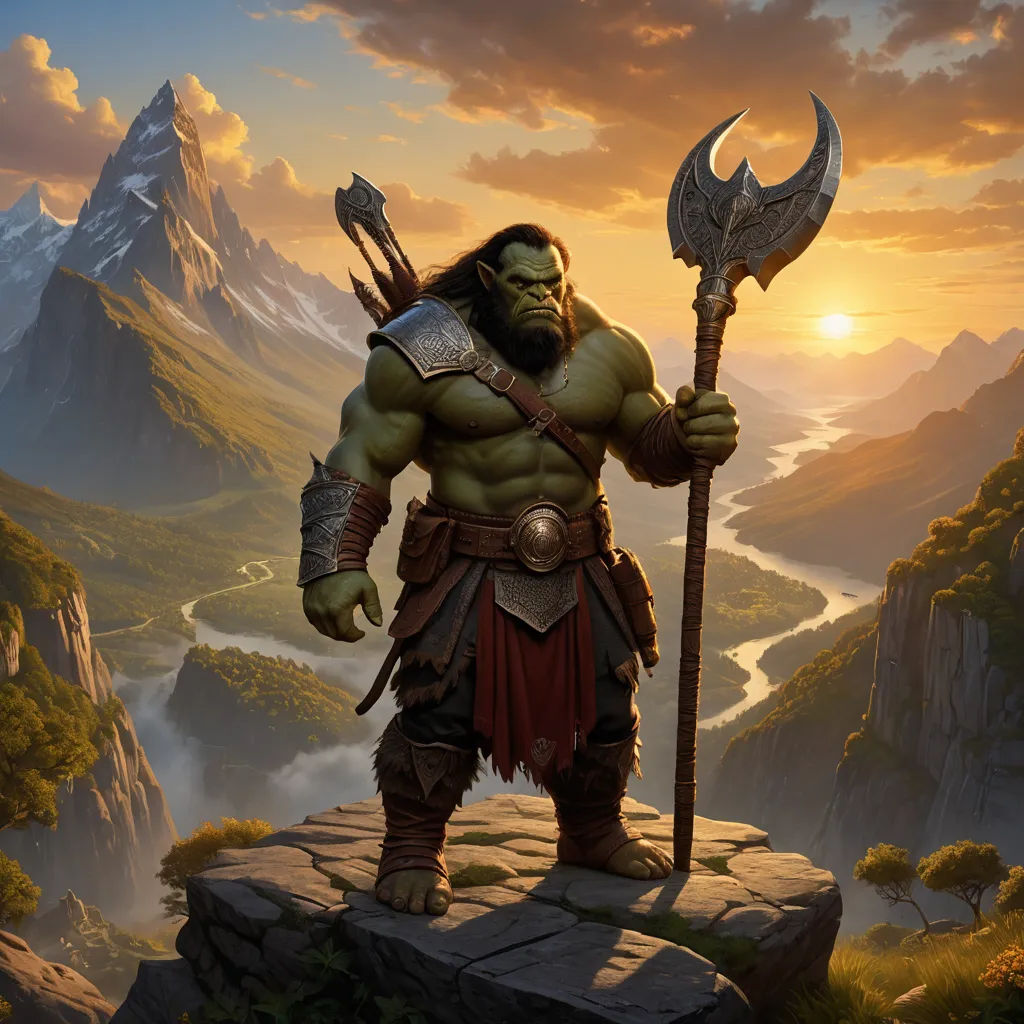 a painting of a man with a giant axe and a giant axe in his hand, standing on a rock, fantasy art, a detailed matte painting, Alex Horley, magic the gathering artwork