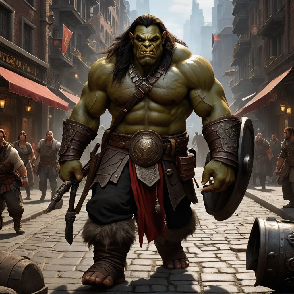 a man in a costume is walking down a street with a sword and shield in his hand and a huge head, photorealism, a detailed matte painting, Clint Cearley, weta digital