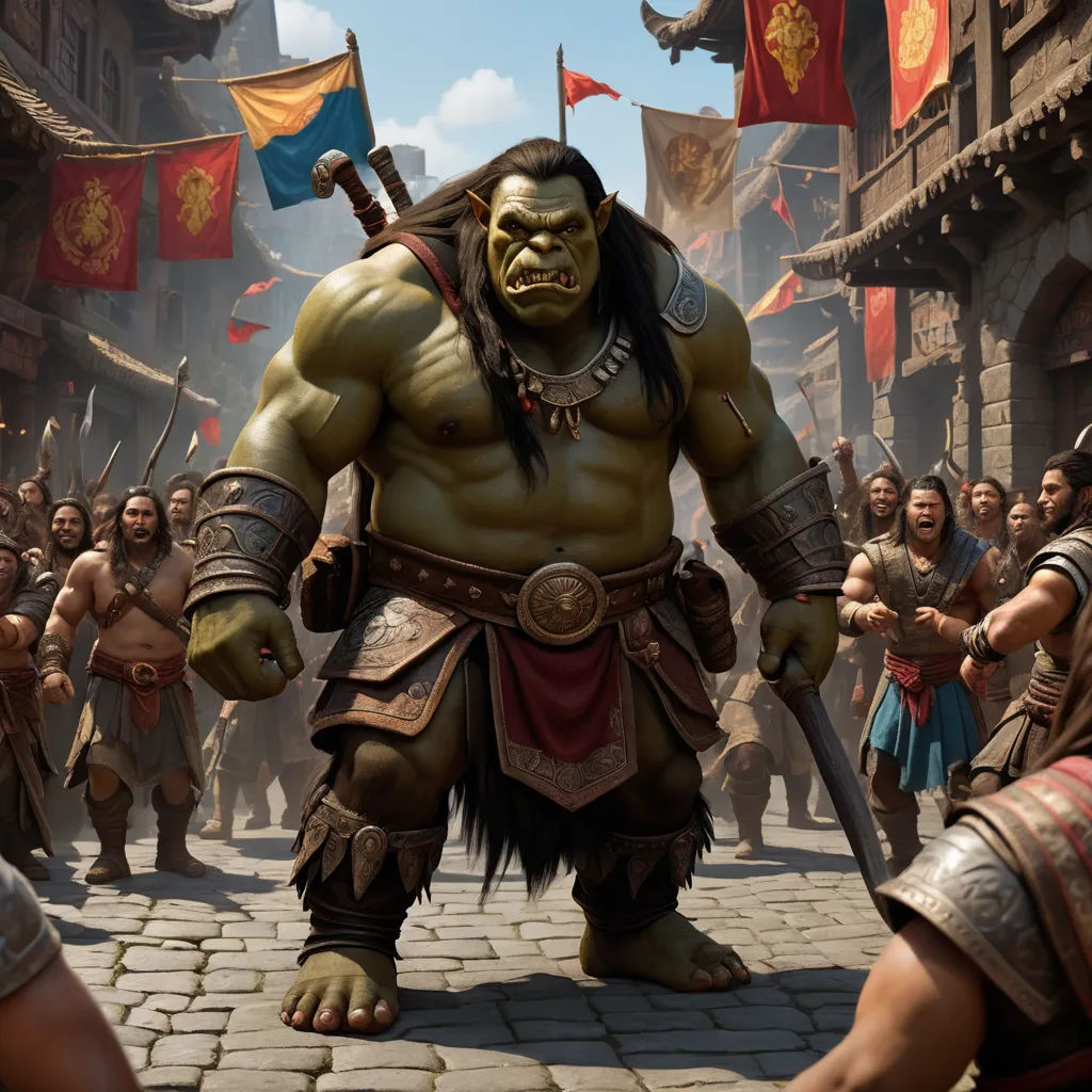 a group of people in a street with a giant man in the middle of the street with a sword, fantasy art, a detailed matte painting, Alex Horley, weta digital