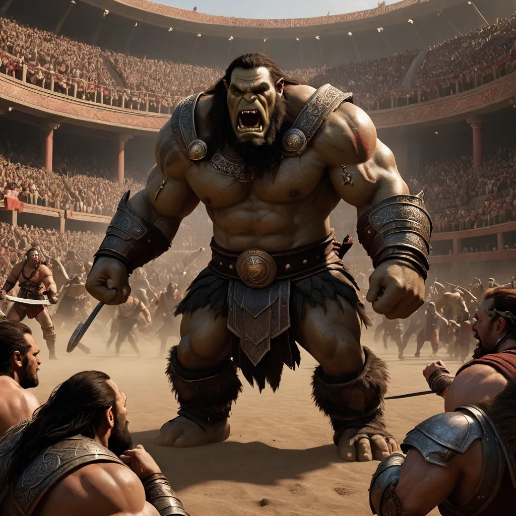 a group of men in a stadium with a giant monster in front of them and a man in the middle of the crowd, photorealism, a detailed matte painting, Clint Cearley, weta digital