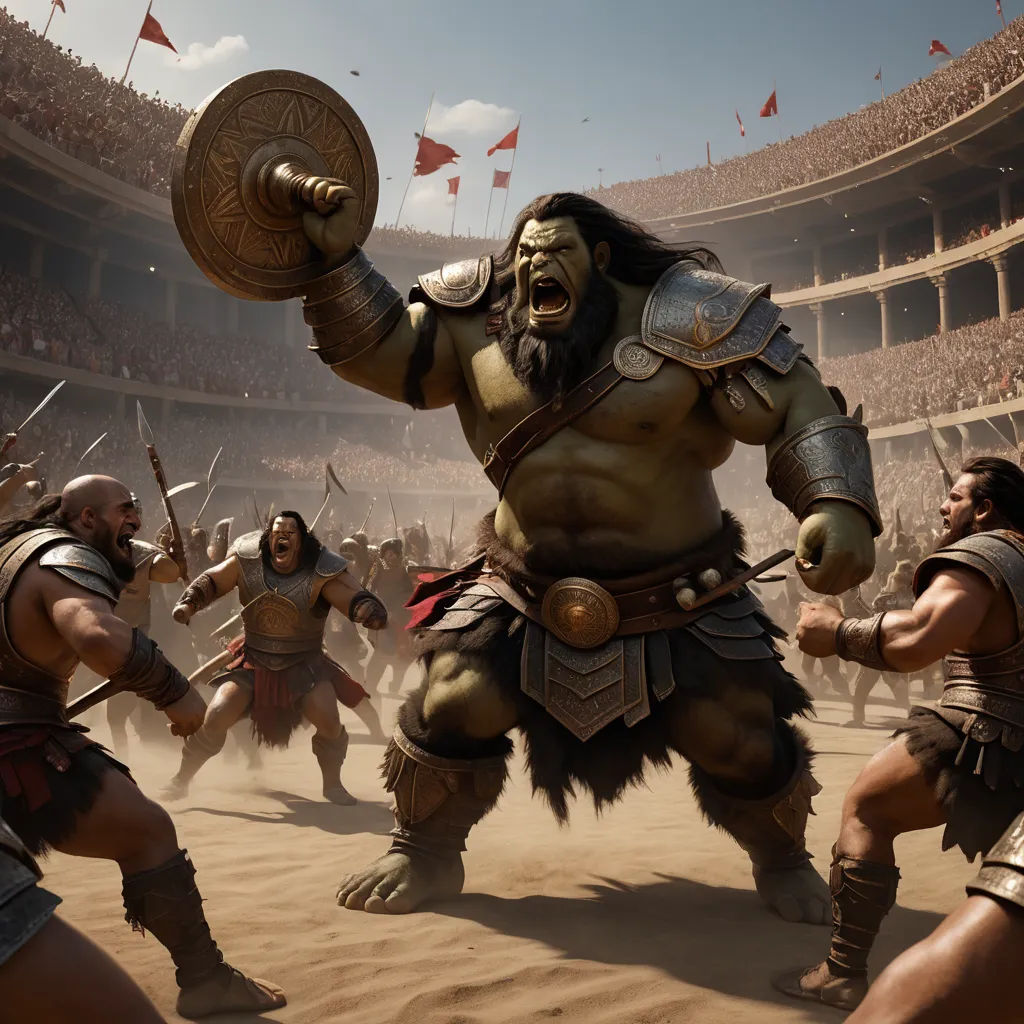 a group of men in roman armor and helmets in a stadium with a crowd of people watching them in the background, fantasy art, a detailed matte painting, Clint Cearley, weta digital
