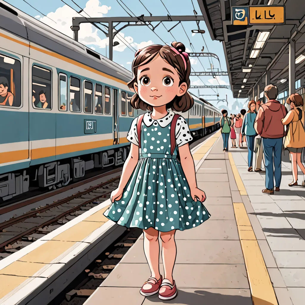 a girl in a dress is standing on a platform near a train and people are walking by her on the other side of the platform, art & language, a storybook illustration, Asaf Hanuka, official art