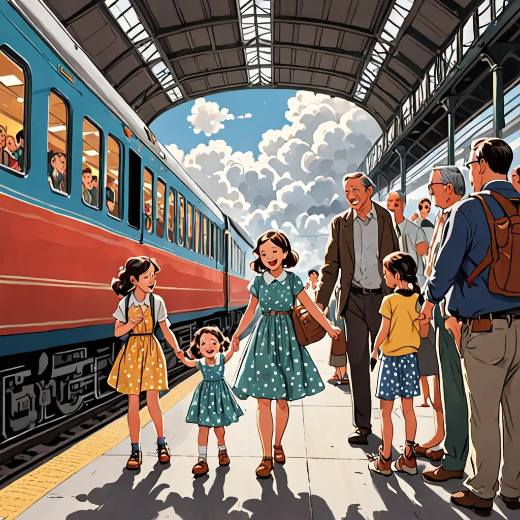 a group of people standing on a train platform next to a train with a train on it and a man holding a child's hand, american scene painting, a storybook illustration, Chris Ware, official art