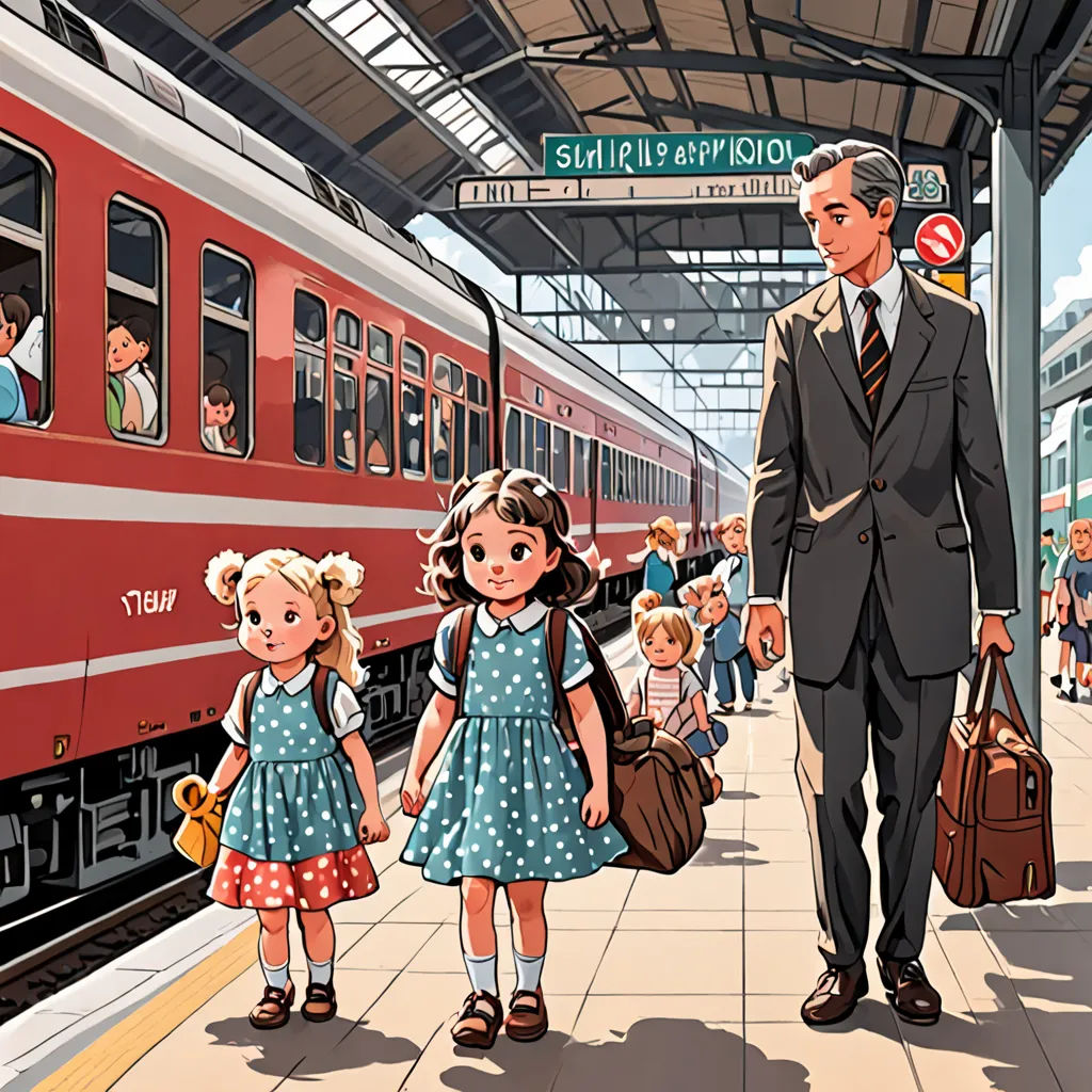 a man and two little girls are walking towards a train at a station with a man in a suit, american realism, a storybook illustration, disney, storybook illustration