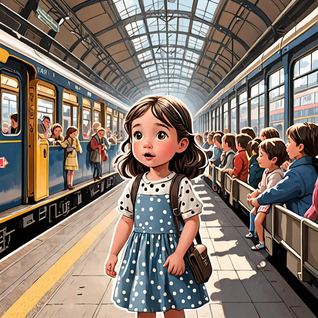 a painting of a little girl standing in a train station with a train in the background and people waiting, photorealism, a storybook illustration, Cliff Childs, storybook illustration