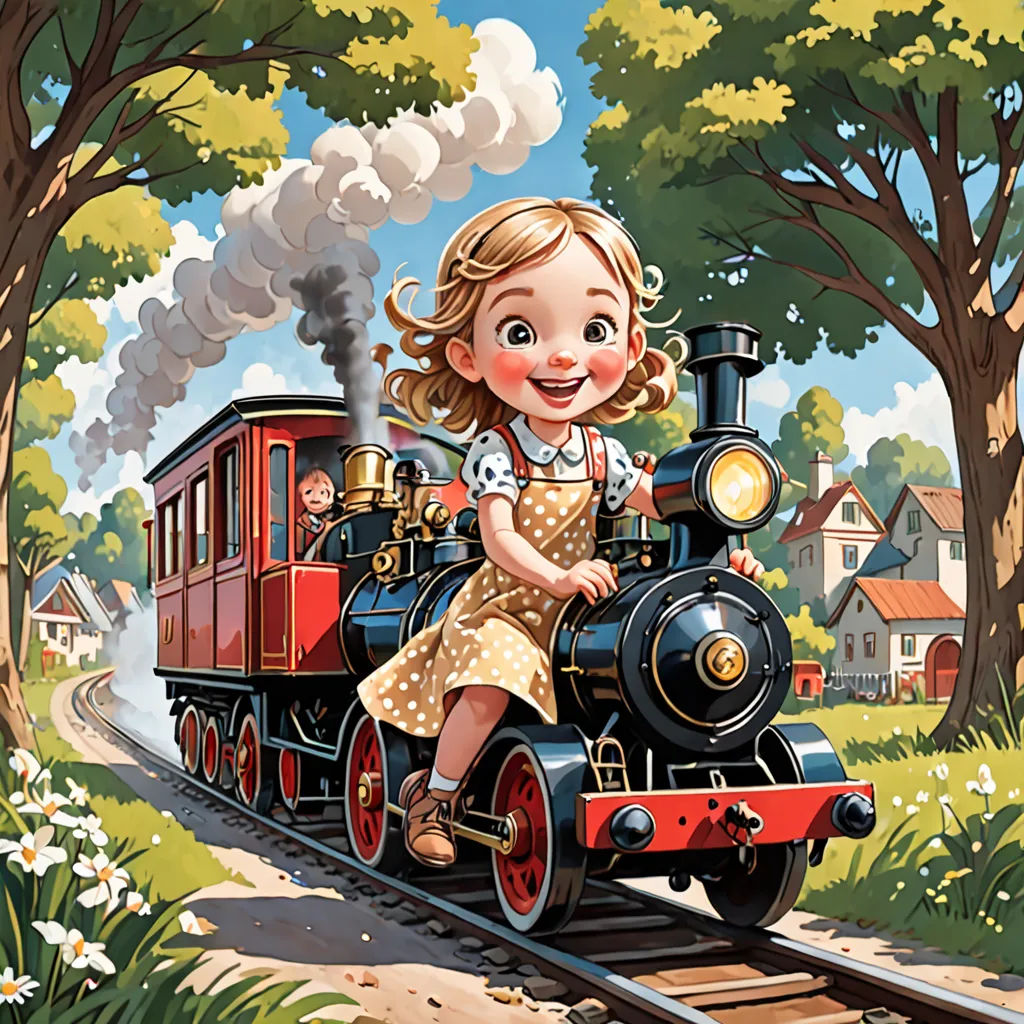 a girl riding on a train with a train engine and trees in the background and a dog on the side, pop surrealism, a storybook illustration, Bob Byerley, storybook illustration