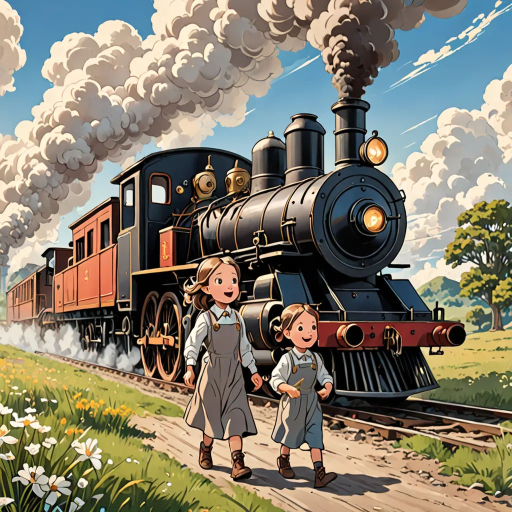 a painting of a train with two children walking by it and a train engine in the background with smoke coming out of it, fantastic realism, a storybook illustration, Brothers Hildebrandt, official art