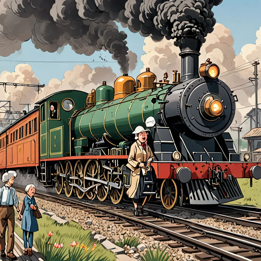 a painting of a train with people standing on the tracks and a train on the tracks with smoke coming out of it, les automatistes, a storybook illustration, Anson Maddocks, dieselpunk