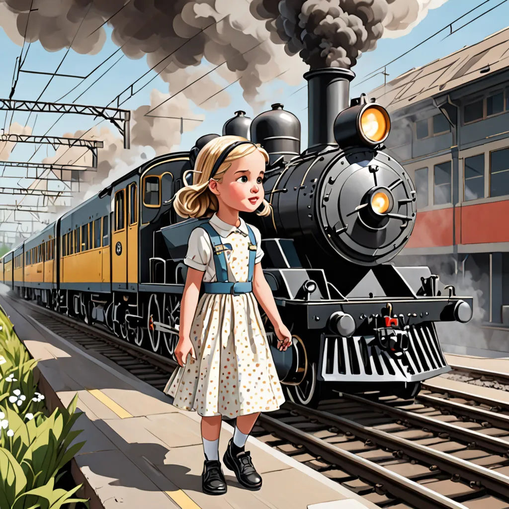 a painting of a girl standing next to a train engine and a train engine with smoke pouring out of it, american scene painting, a storybook illustration, Bob Byerley, storybook illustration