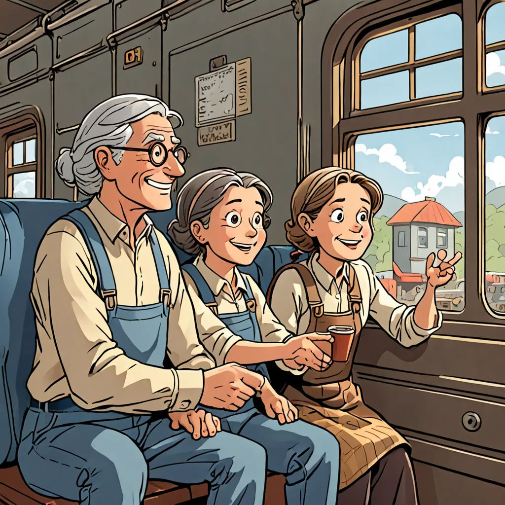 a man and two children are riding on a train together, and the older man is holding a book, fantastic realism, a storybook illustration, Cliff Childs, storybook illustration