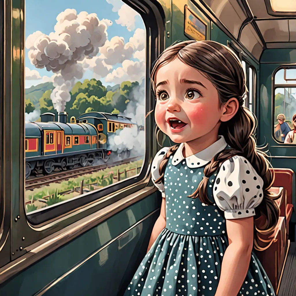 a painting of a girl looking out a train window at a train with a train conductor and passengers on the other side, fantastic realism, a storybook illustration, Bob Byerley, storybook illustration