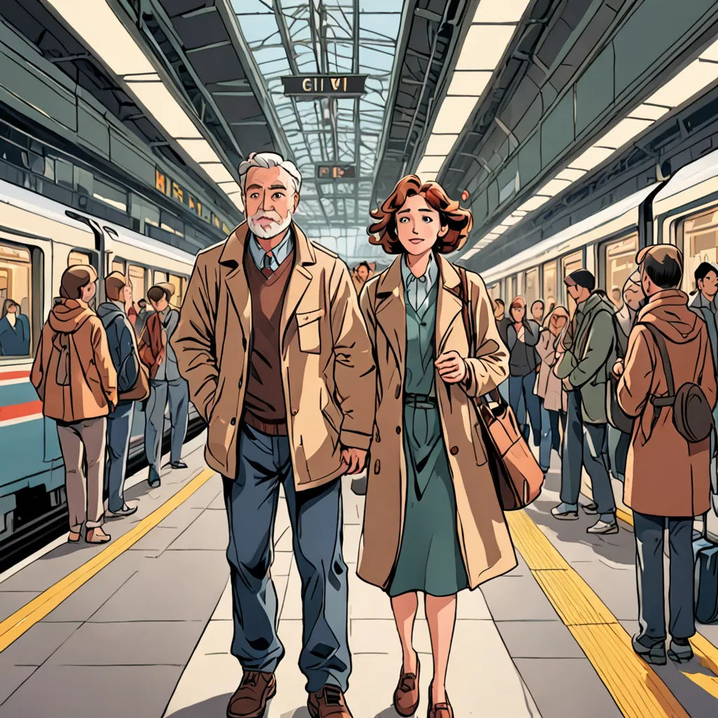 a man and a woman walking down a train platform next to a train station with people standing on the platform, private press, a comic book panel, Asaf Hanuka, graphic novel