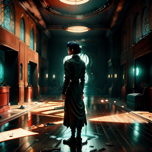 a man standing in a dark room with a clock on the wall and a clock on the floor behind him
