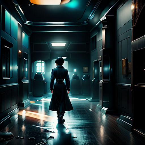 a woman in a long coat walking down a hallway in a dark building with a light on the ceiling