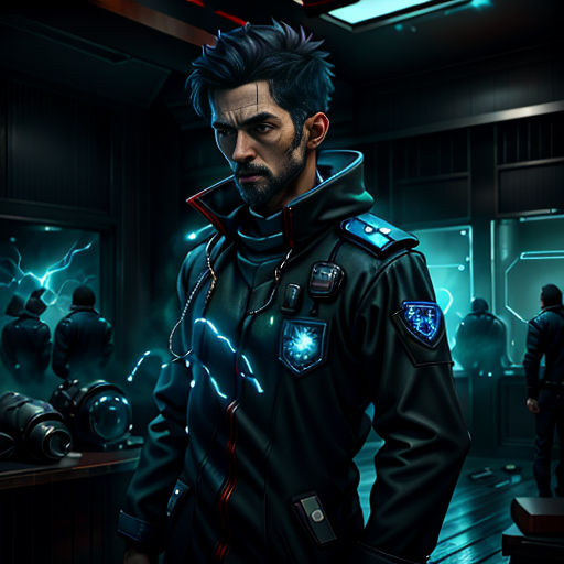 a man in a black jacket standing in a room with a neon light on his face and a neon light on his chest