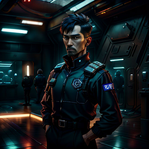 a man in a uniform standing in a room with other people in the background and a spaceship in the background