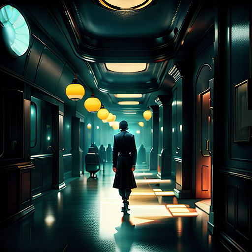 a man in a long hallway with a clock on the wall and a clock on the ceiling above him