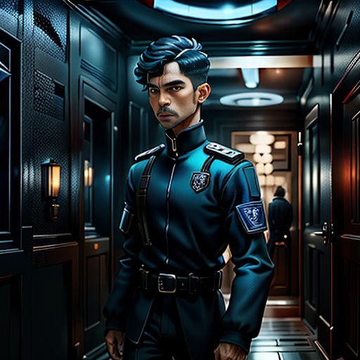 a man in uniform standing in a hallway next to a door and a clock on the wall behind him
