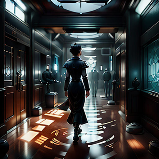 a woman in a black dress walking down a hallway in a building with a clock on the wall and people in the background