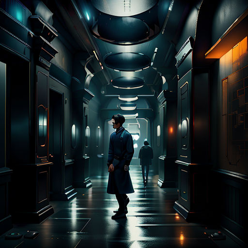 a man in a long hallway with a coat on and a hat on his head and a coat on his shoulder
