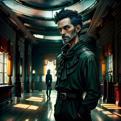 a man in a green coat standing in a hallway with a clock on the wall and a man in a black coat