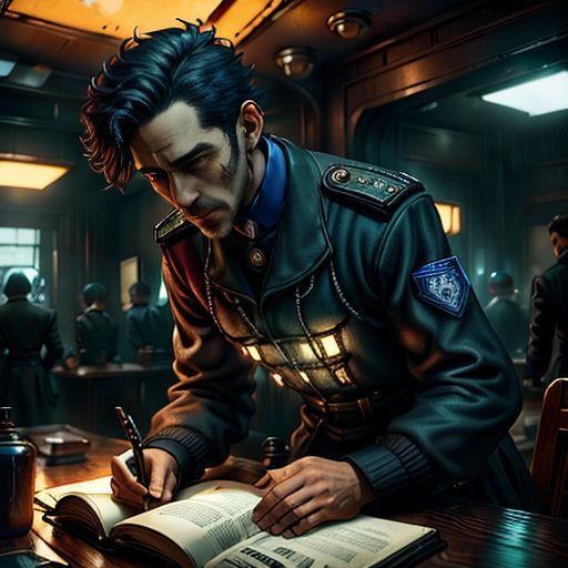 a man in a uniform writing on a book in a room full of people and a desk with a lamp