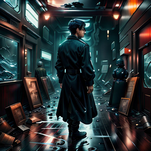 a man in a long coat is standing in a hallway with a lot of objects on the floor and a clock on the wall